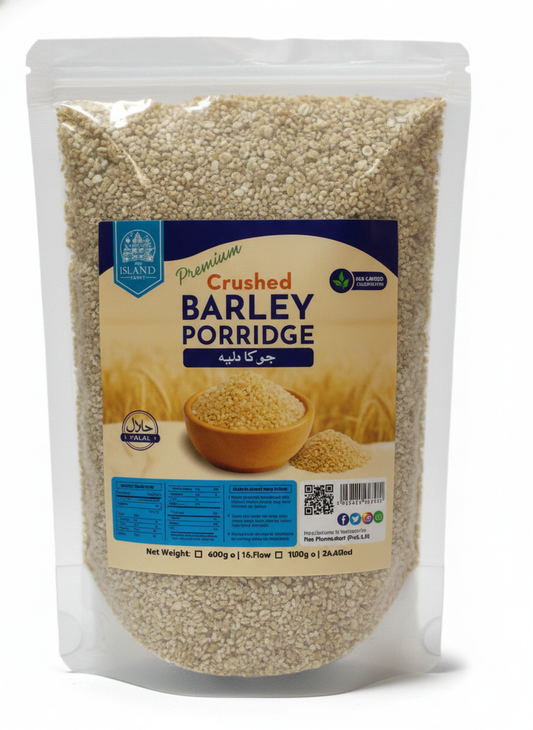 Best-selling Crushed Barley Porridge (جو کا دلیہ) in a resealable bag with a delicious prepared bowl, showing Halal logo and "High in Fiber" for a healthy breakfast