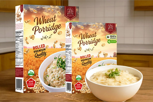 Rolled wheat porridge in a bowl, whole grain healthy breakfast cereal, high-fiber rolled wheat for digestion, weight management and daily energy.