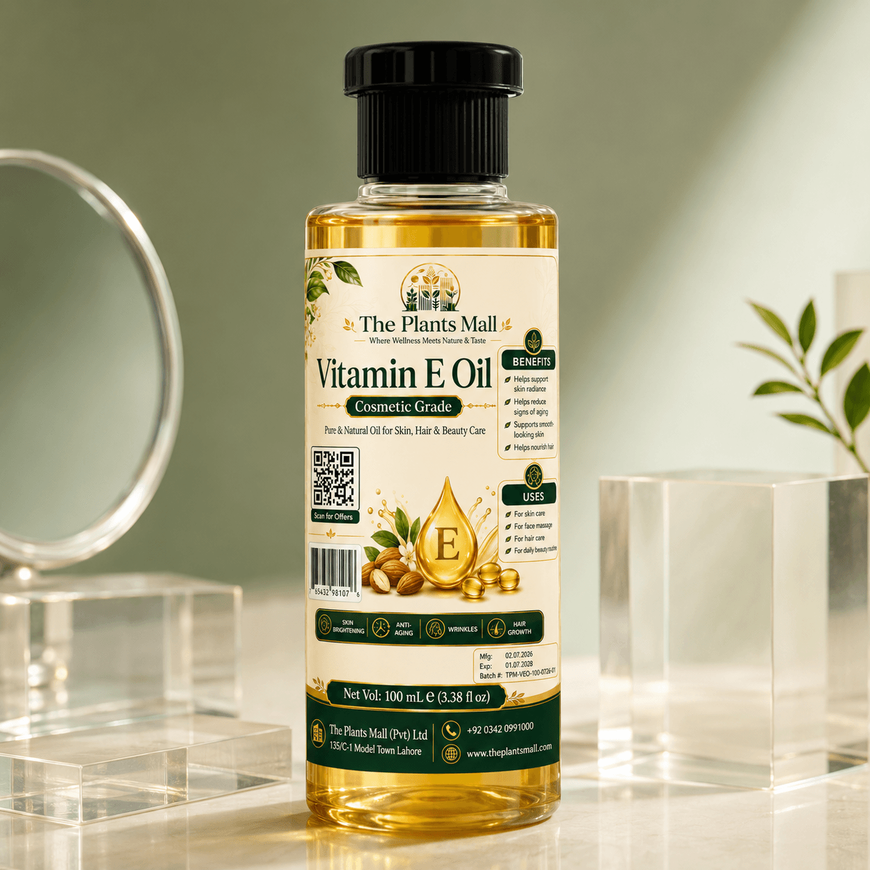 Vitamin E Oil | Cosmetic Grade Pure & Natural Oil for Skin, Hair & Beauty Care | The Plants Mall