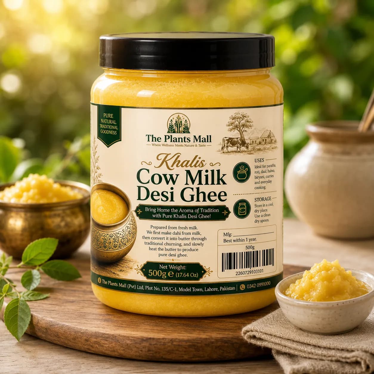 Golden pure desi ghee in open jar – Khalis Traditionally Churned Cow Ghee 