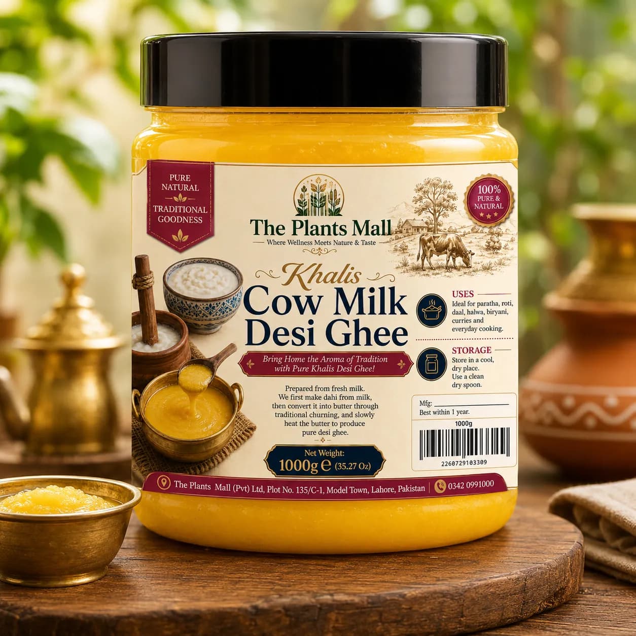 Khalis Desi Ghee  on rustic wooden surface with brass ladle – Pure Cow Milk Ghee
