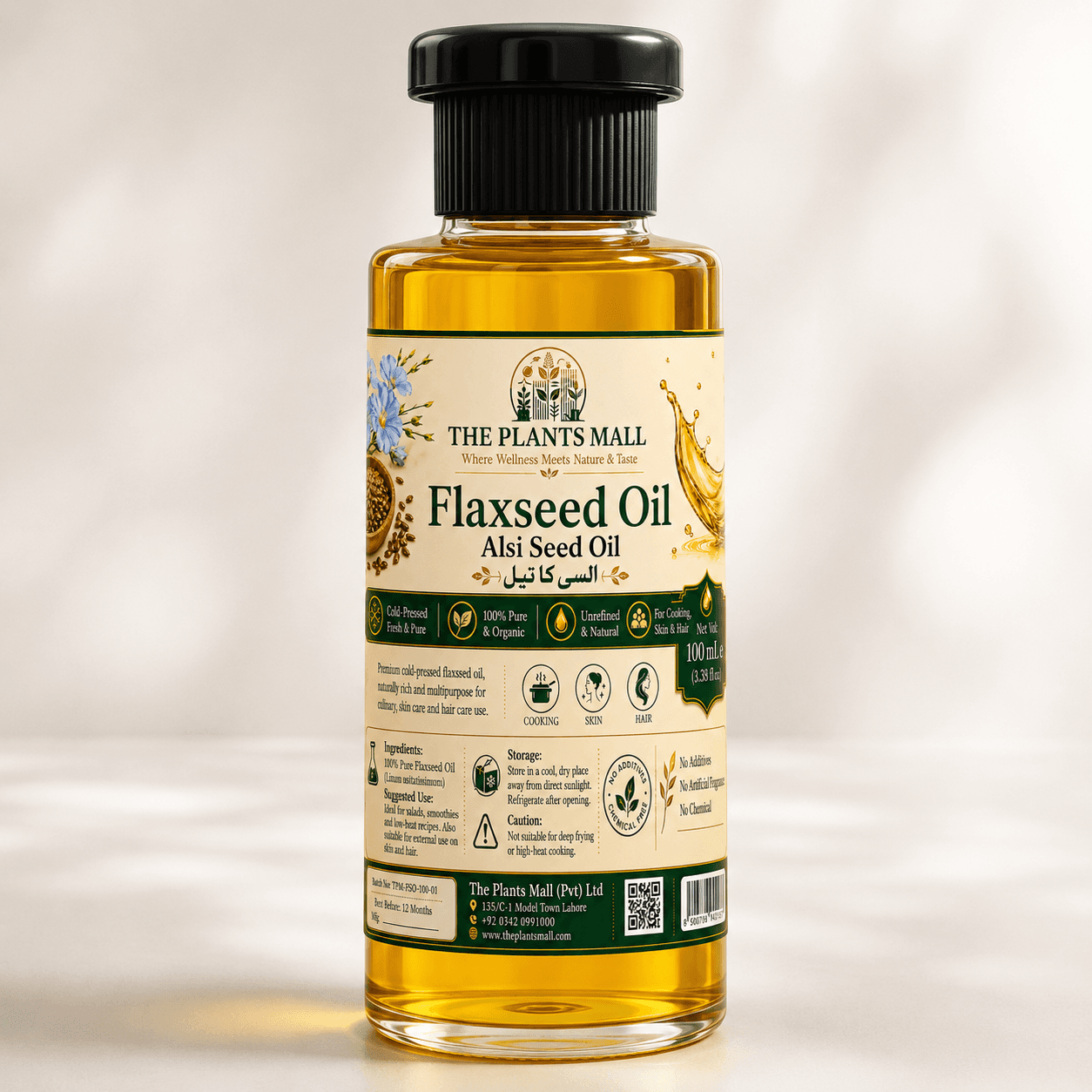 Flaxseed oil applied to hair and scalp, natural cold pressed oil for hair growth, shine and scalp nourishment