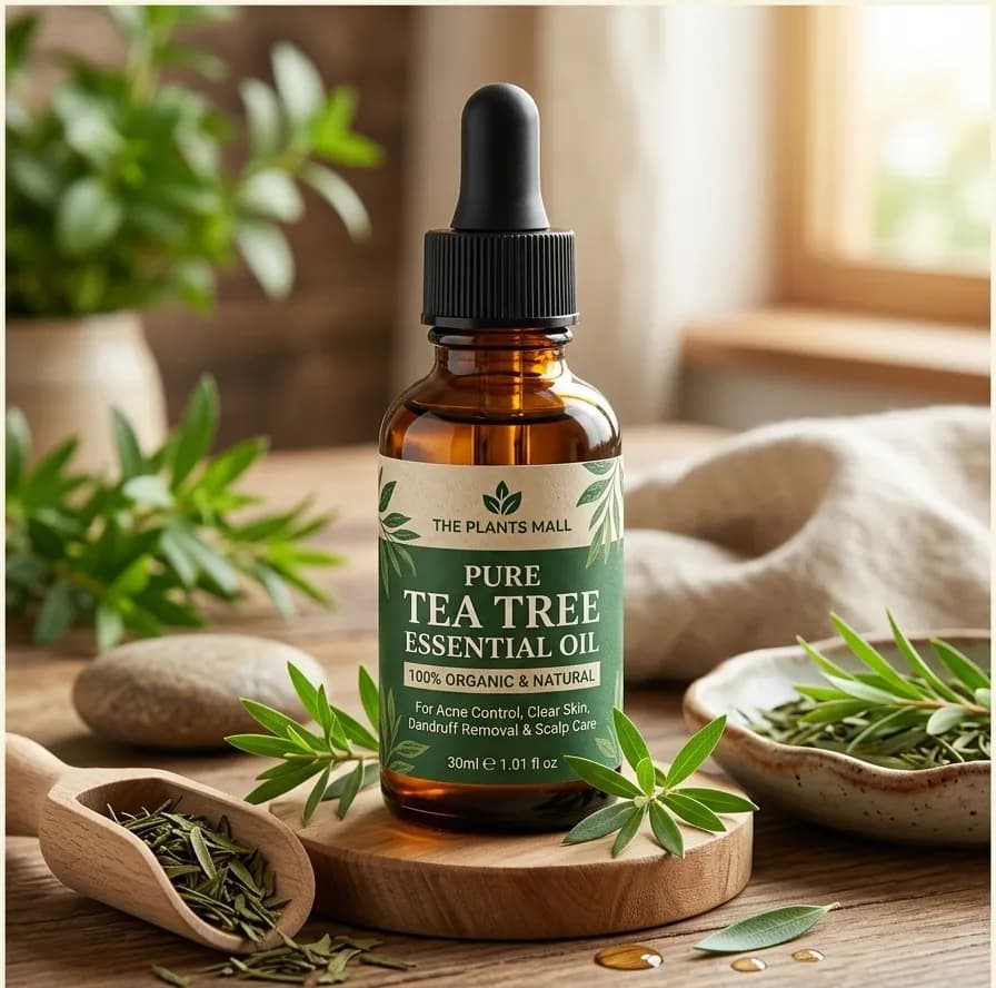 The Plants Mall Pure Tea Tree Essential Oil 30ml amber bottle with dropper on a clean aesthetic surface