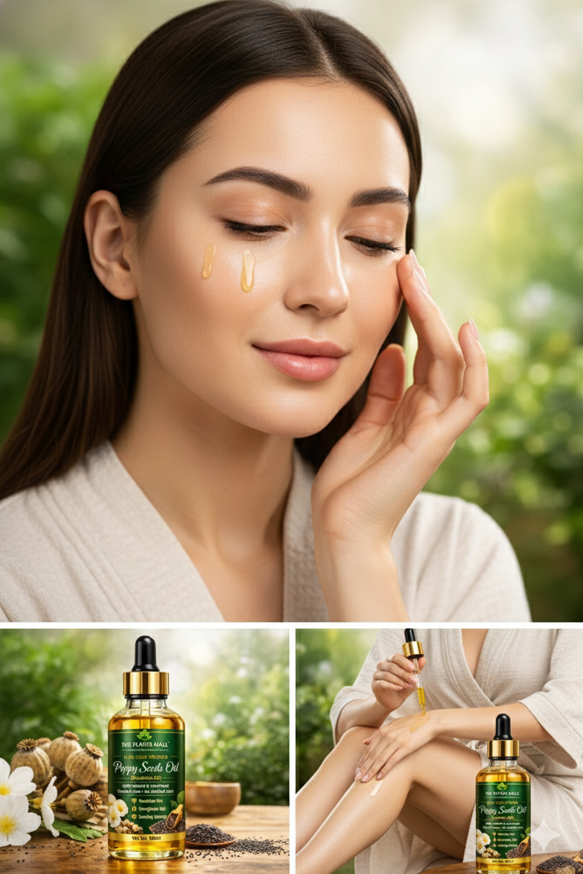 Pure virgin poppy seed oil in bottle, apply on body by a girlwooden – ideal for massage and aromatherapy