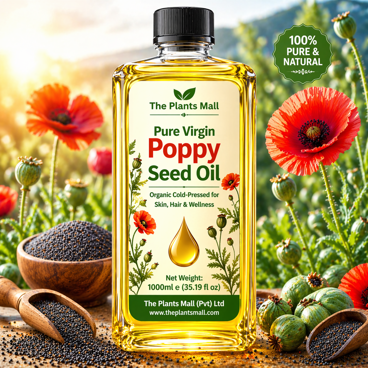 Close up of pure virgin poppy seed oil being poured – golden yellow cold-pressed oil rich in omega fatty acids