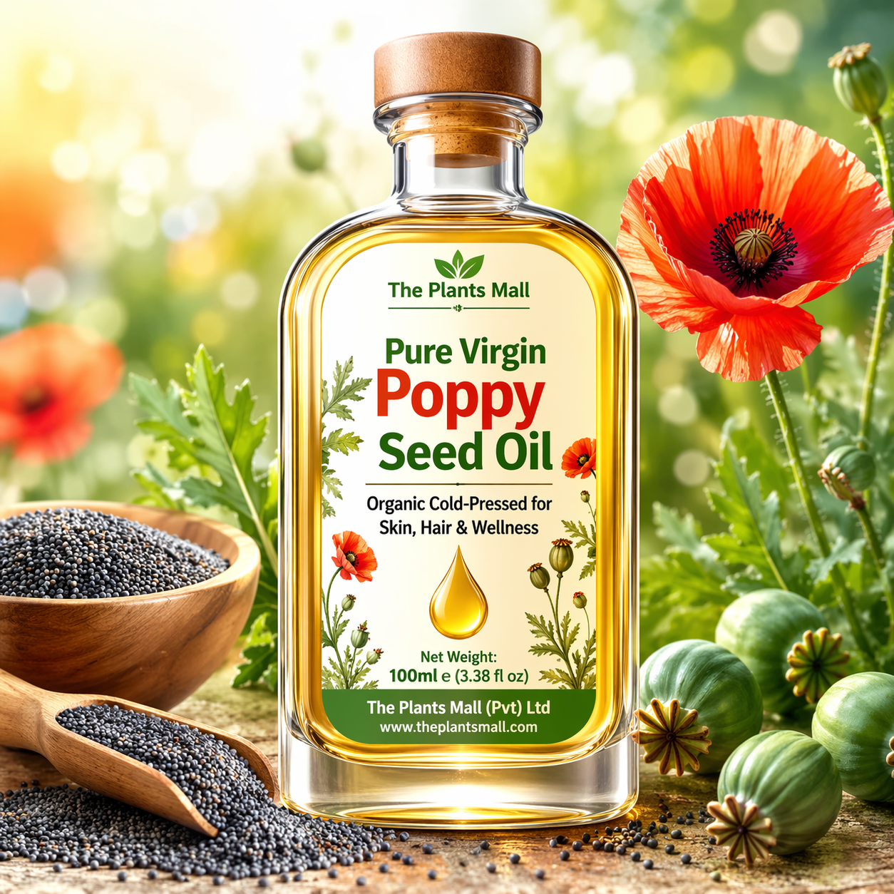 Organic poppy seed oil drops on hand – natural moisturizer for glowing skin and anti-aging benefits
