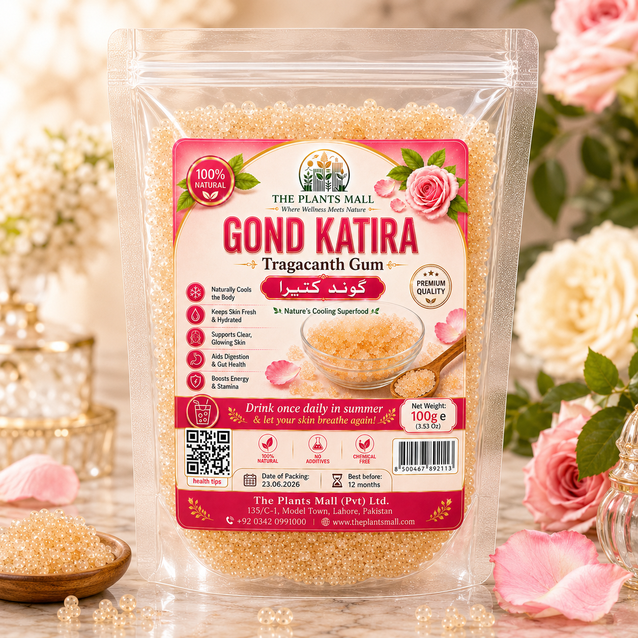 The Plants Mall Gond Katira Tragacanth Gum natural cooling superfood in transparent pouch