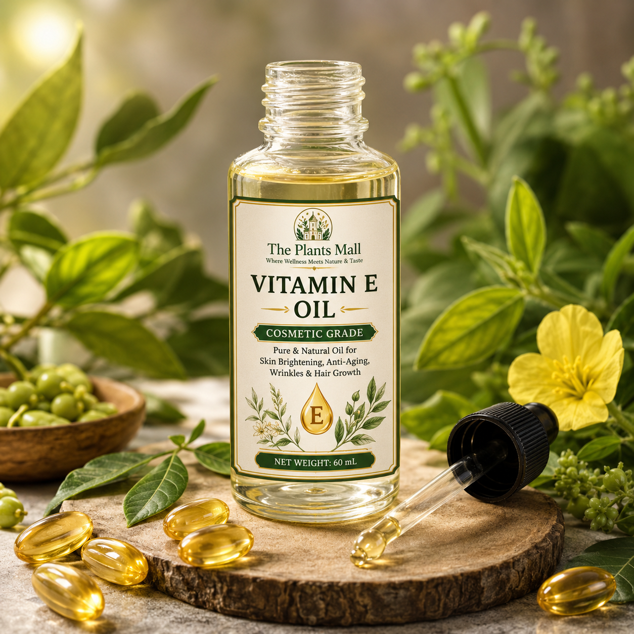Vitamin E Oil - 60ml | Cosmetic Grade Pure & Natural Oil for Skin, Hair & Beauty Care | The Plants Mall
