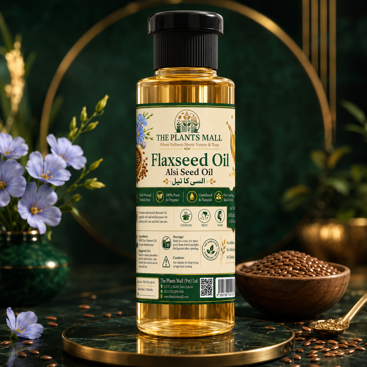 Organic flaxseed oil used as natural skin moisturizer, pure alsi seed oil for dry skin hydration and glow