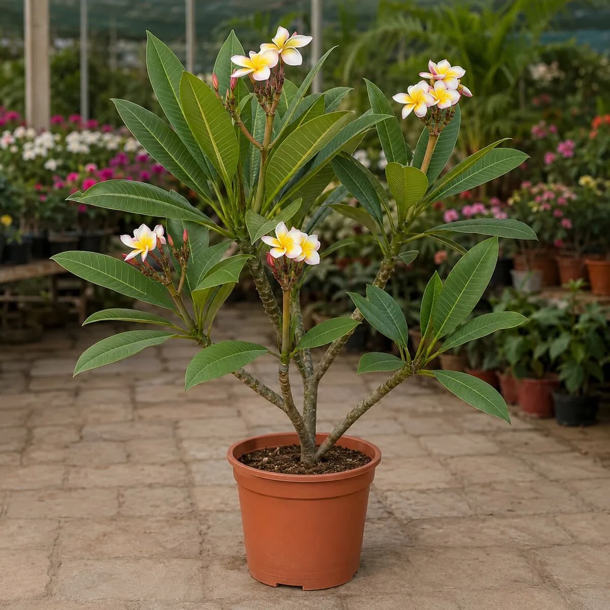 Frangipani (Champa) photographed at a professional Lahore nursery
