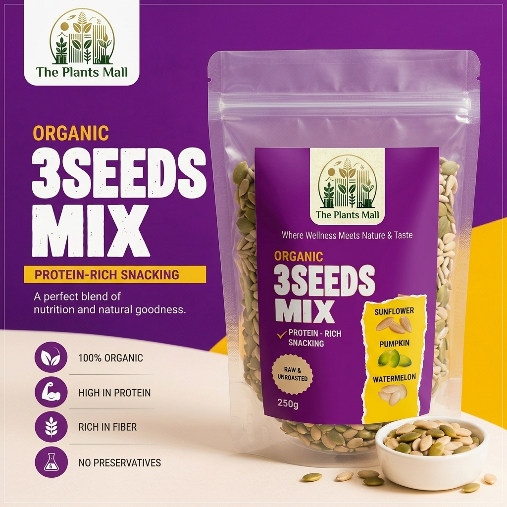 Organic 3 seeds mix in eco-friendly pouch – pumpkin seeds, sunflower seeds and watermelon seeds by The Plants Mall Pakistan