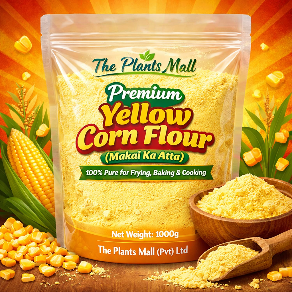 The Plants Mall organic packaging – resealable pouch of pure yellow corn flour with brand label