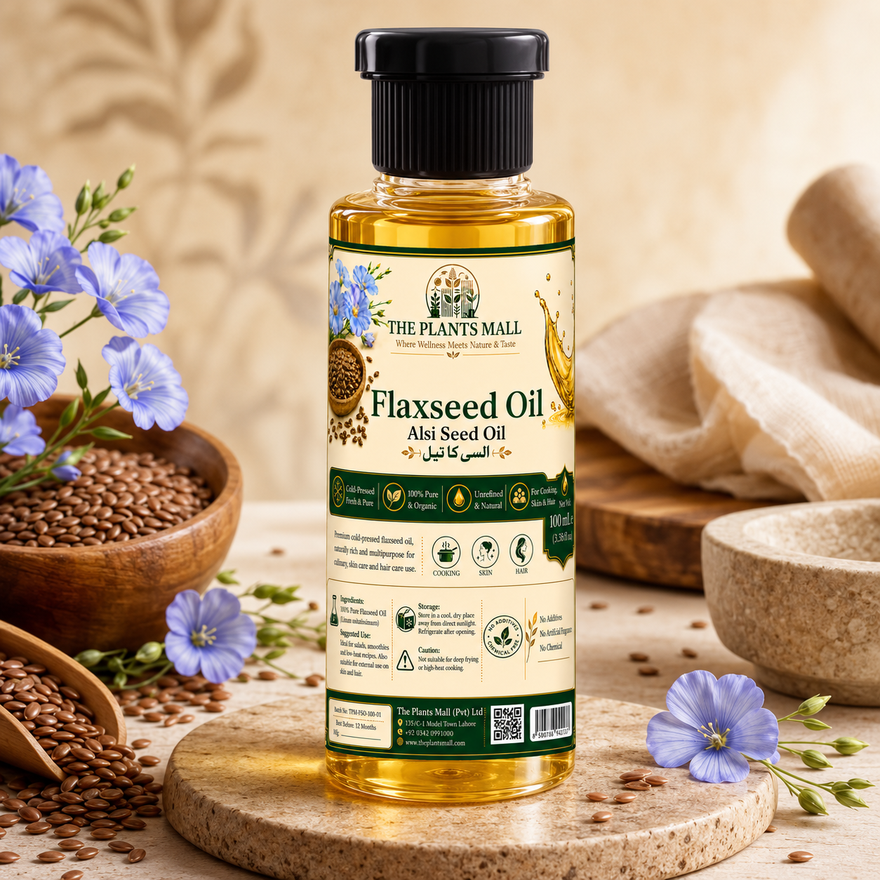 Pure cold-pressed flaxseed oil – organic alsi seed oil for hair, skin and wellness by The Plants Mall Pakistan