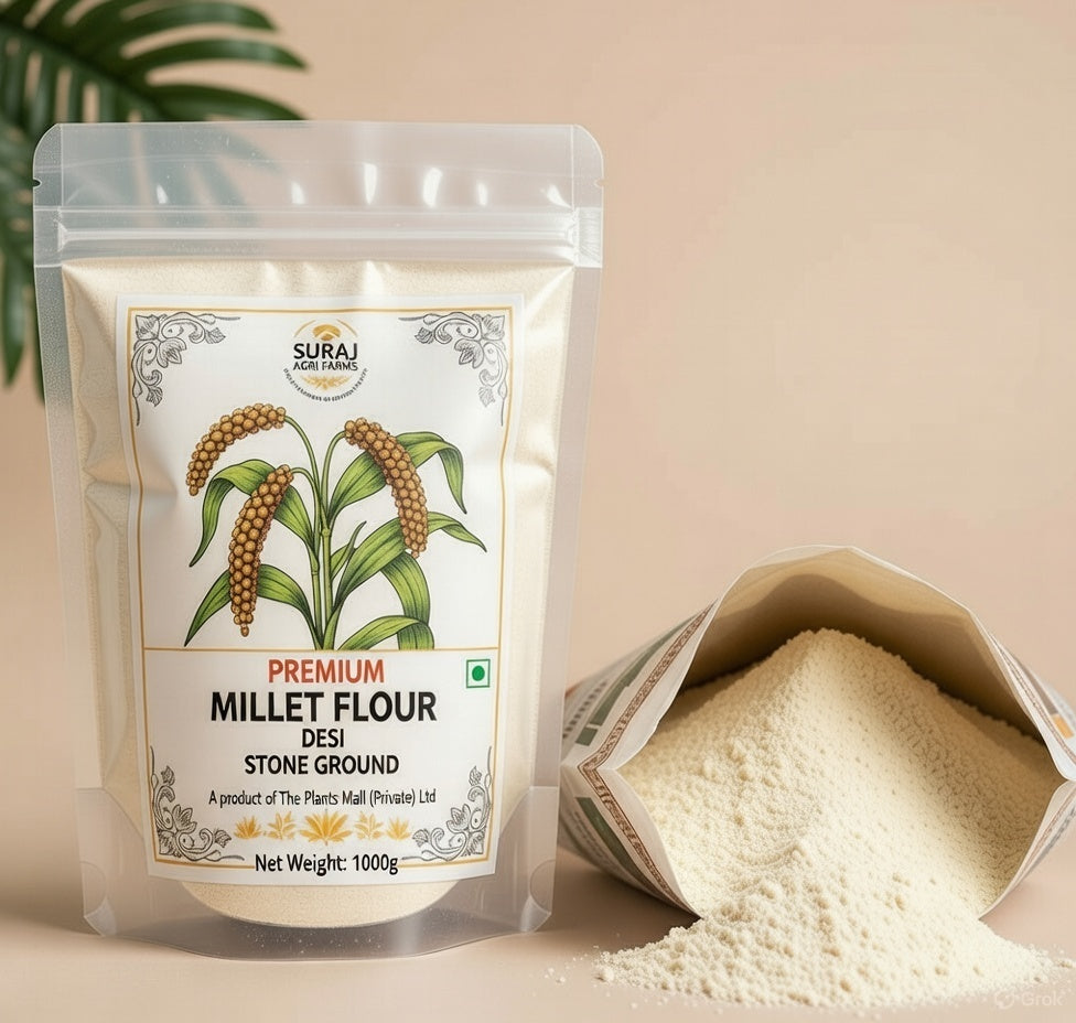 Stone-ground premium Bajra flour (pearl millet) in a bowl with a scoop