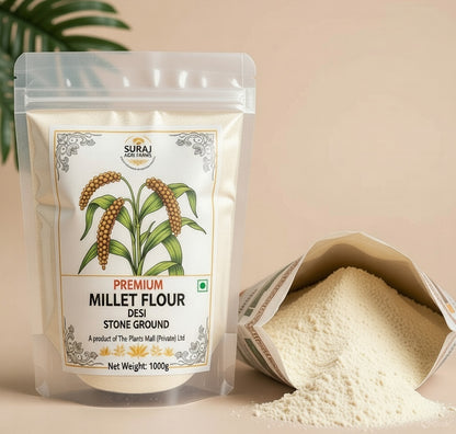 Stone-ground premium Bajra flour (pearl millet) in a bowl with a scoop