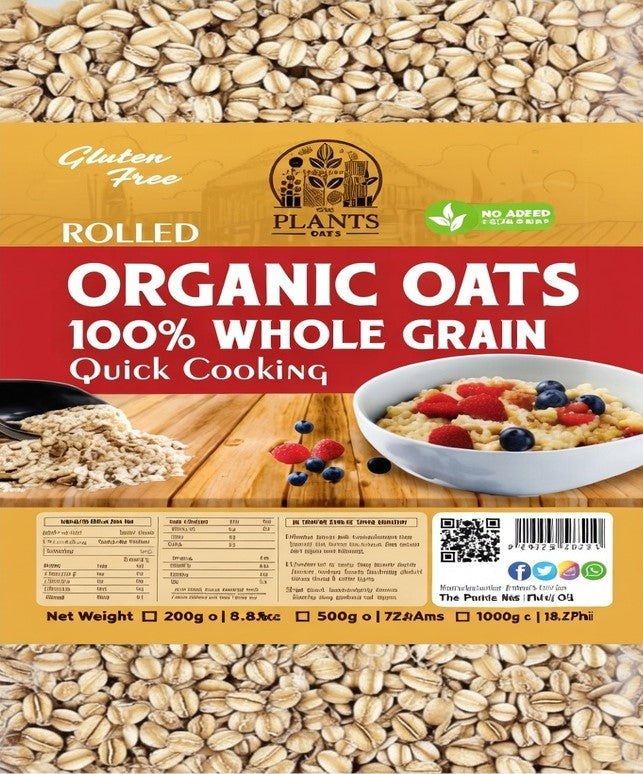 Start your day with Organic Rolled Oats – a bowl of wholesome oatmeal topped with fresh fruit and nuts, showcasing a healthy, natural breakfast option from The Plant Small.