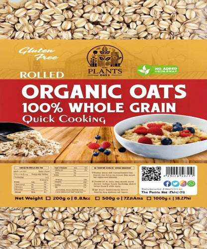 Start your day with Organic Rolled Oats – a bowl of wholesome oatmeal topped with fresh fruit and nuts, showcasing a healthy, natural breakfast option from The Plant Small.