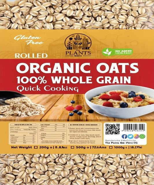 Start your day with Organic Rolled Oats – a bowl of wholesome oatmeal topped with fresh fruit and nuts, showcasing a healthy, natural breakfast option from The Plant Small.