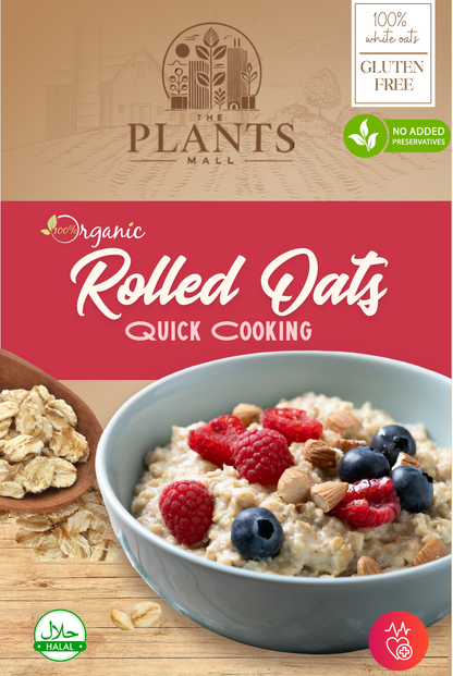 Start your day with Organic Rolled Oats – a bowl of wholesome oatmeal topped with fresh fruit and nuts, showcasing a healthy, natural breakfast option from The Plant Small