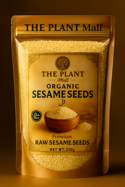 rganic Premium Sesame Seeds (تل) – high-quality, natural brown sesame seeds in a clear pouch or bowl, ideal for tahini, baking, garnishing, and Pakistani cooking