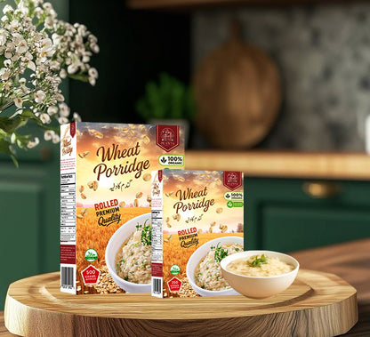 Rolled wheat porridge whole grain cereal, natural fiber-rich wheat flakes for daily breakfast.