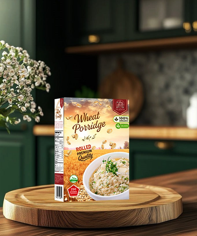 Cooked rolled wheat porridge served for breakfast, nutritious whole grain meal, healthy wheat porridge for families.