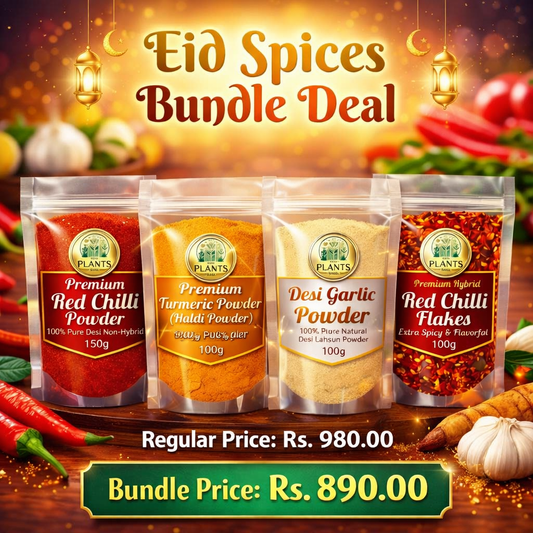 Eid Spices Bundle Deal from The Plants Mall featuring four transparent standing pouches of premium Pakistani spices: Desi Red Chilli Powder (150g), Premium Turmeric Haldi Powder (100g), Desi Garlic Lehsan Powder (100g), and Kunri Hybrid Red Chilli Flakes (100g). Displayed on a wooden board with fresh garlic and red chillies. Regular price Rs. 980, Sale price Rs. 890.