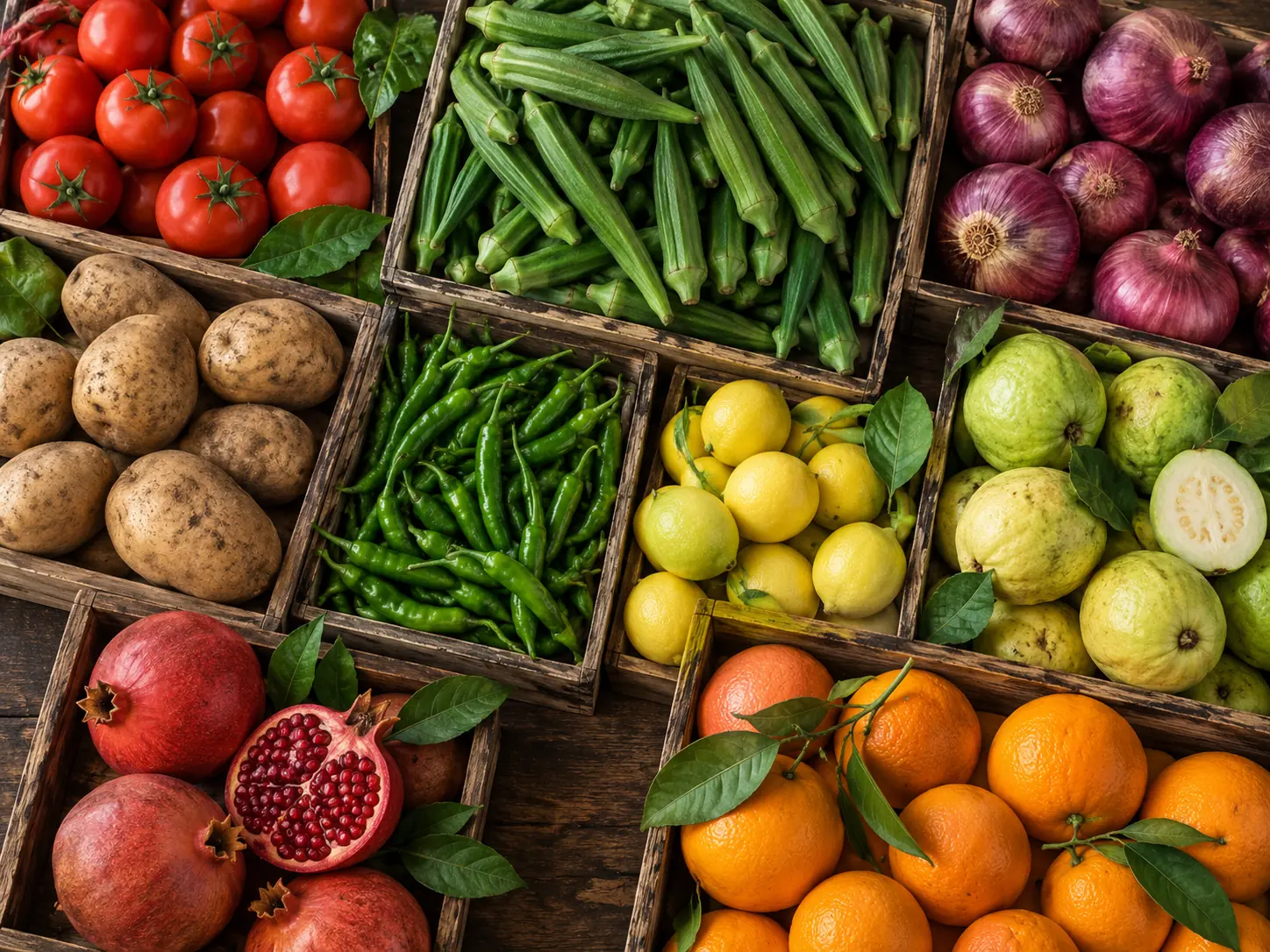 Seasonal Lahore fruit and vegetables arranged in market crates