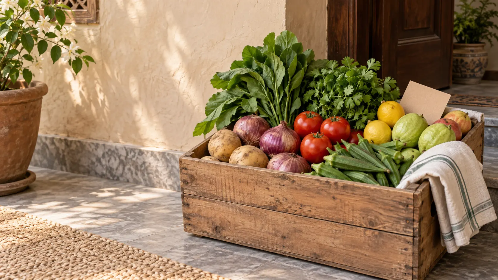 A reusable produce crate prepared for a repeating Lahore delivery