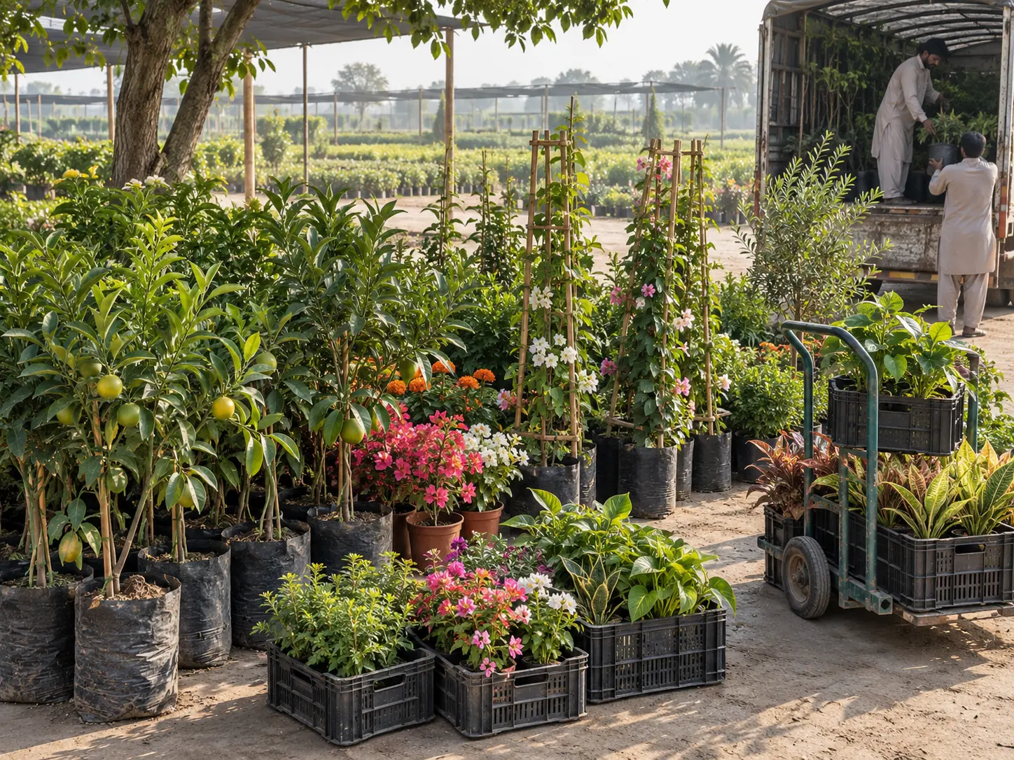 A large living-plant nursery beside cultivated fields near Pattoki
