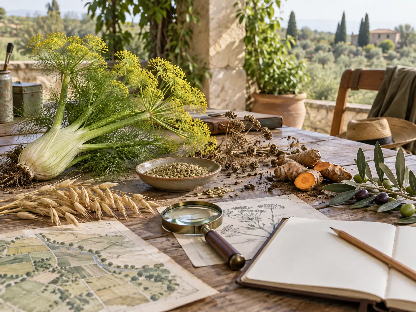 A botanical field station with cultivated plants, seed trays and specimen notes