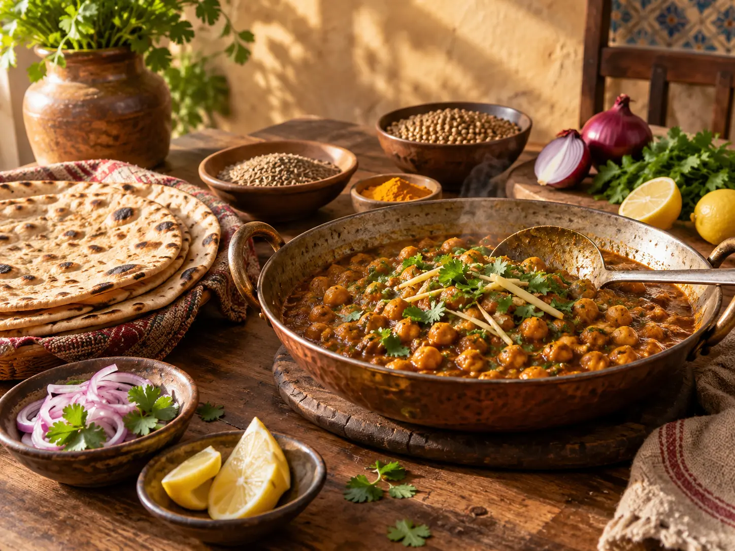 A Lahori table with chana masala, flatbread, herbs and pantry ingredients