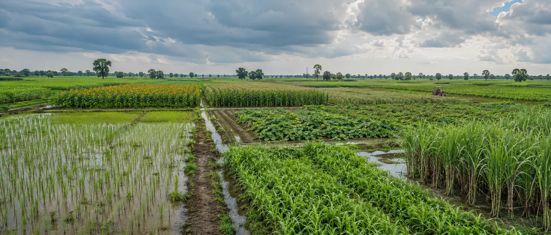 Large monsoon farm landscape with rice paddies, sunflower, maize, pumpkin vines, sugarcane, millet and a working tractor