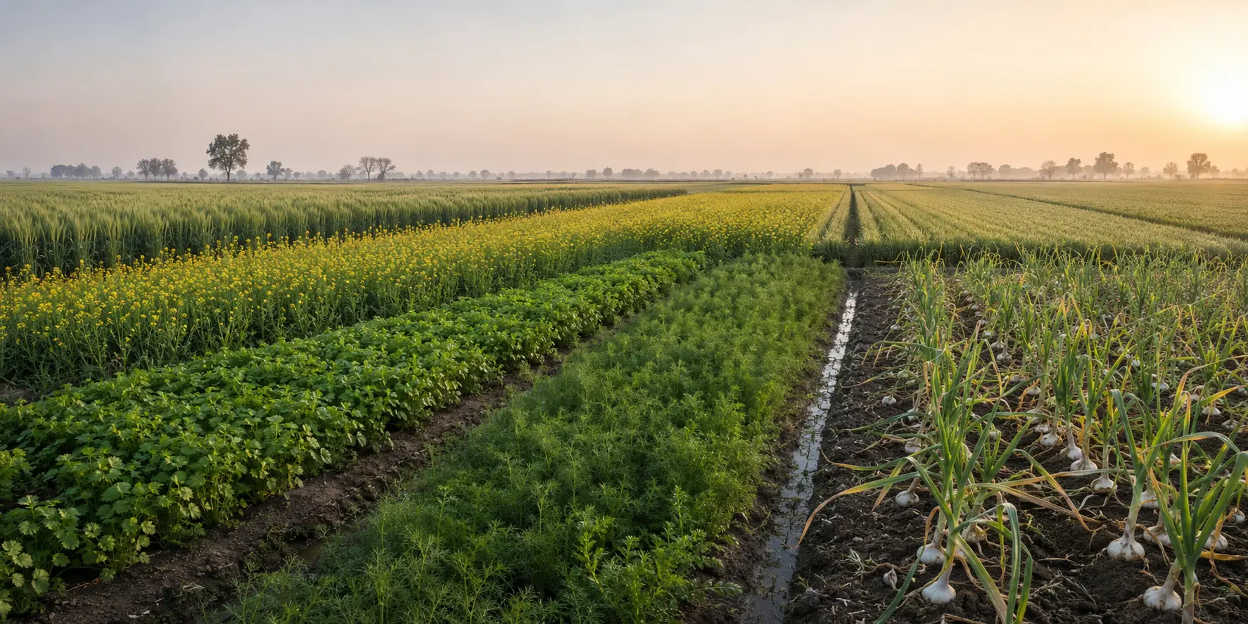 Wide Punjab Rabi farm with wheat and oat acreage, flowering mustard, coriander, fennel and garlic beside an irrigation furrow