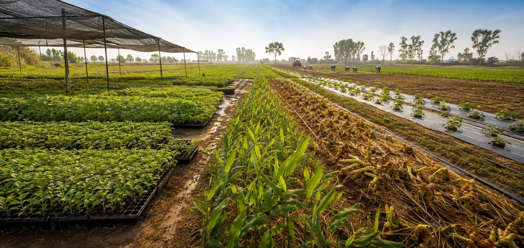 Commercial Punjab propagation area with shaded seedling benches, young herb rows, rhizome beds, field workers and a tractor