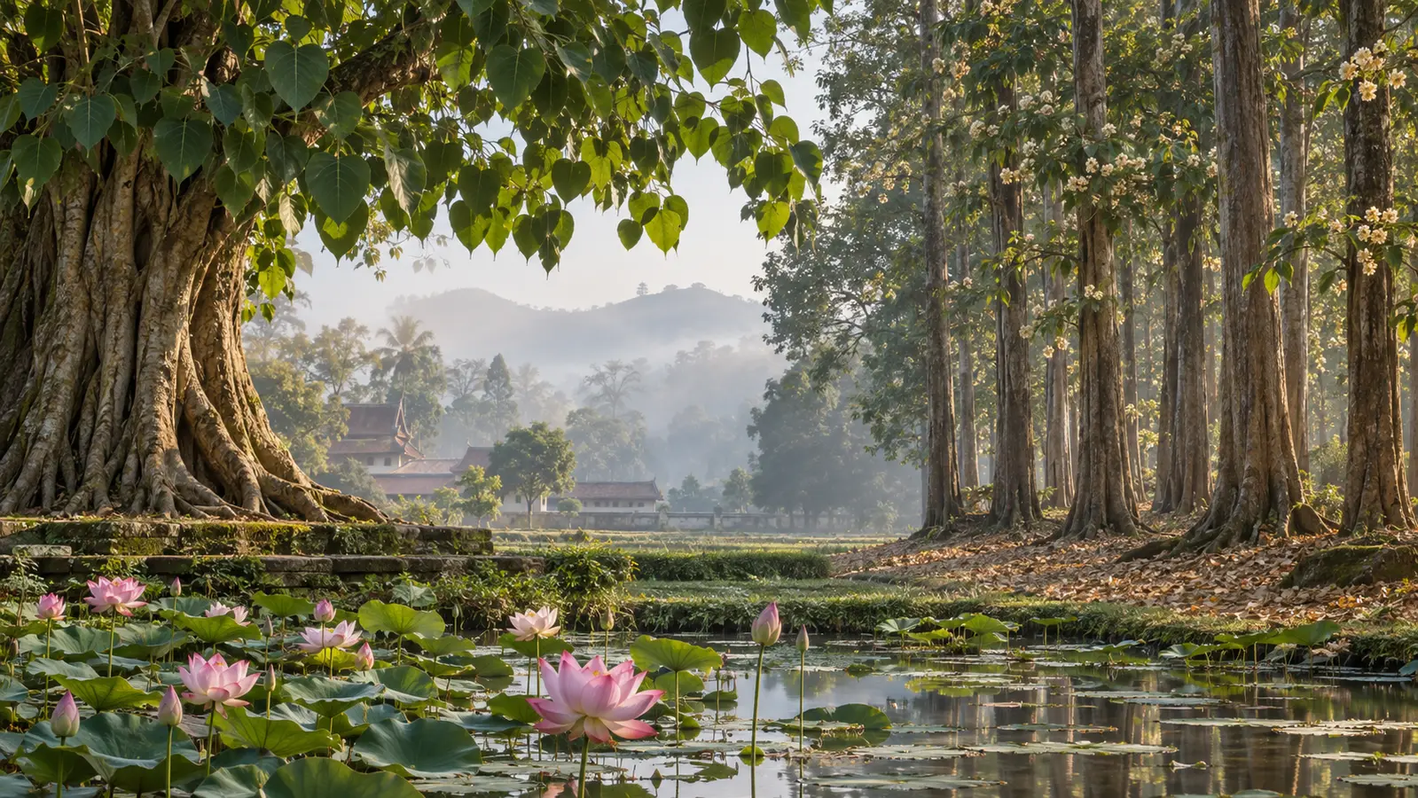 Buddhist grove landscape with Bodhi tree, lotus pond and sal trees