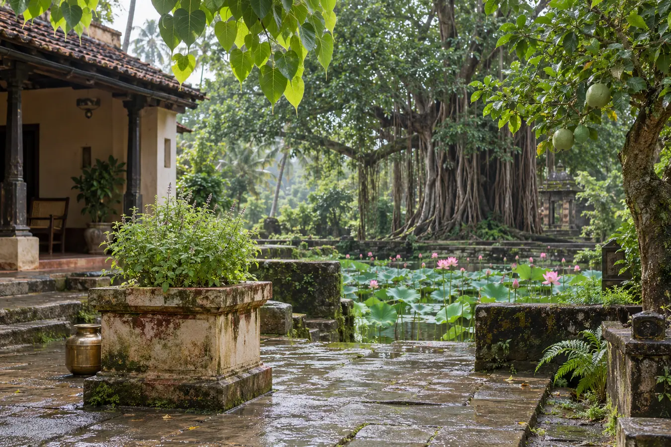 South Asian courtyard and grove with tulsi, lotus pond, peepal, banyan and bael
