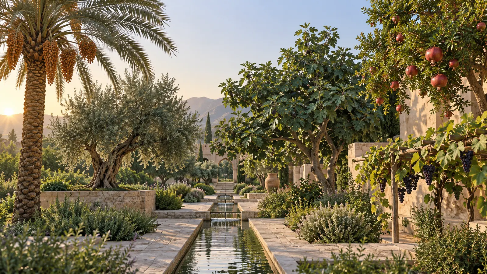 Garden landscape with date palm, olive, fig, pomegranate and grape vine