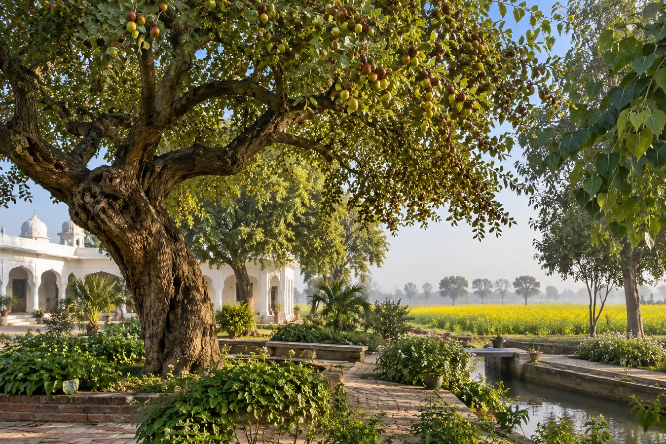Old fruiting ber tree in a Punjabi garden landscape with fields beyond