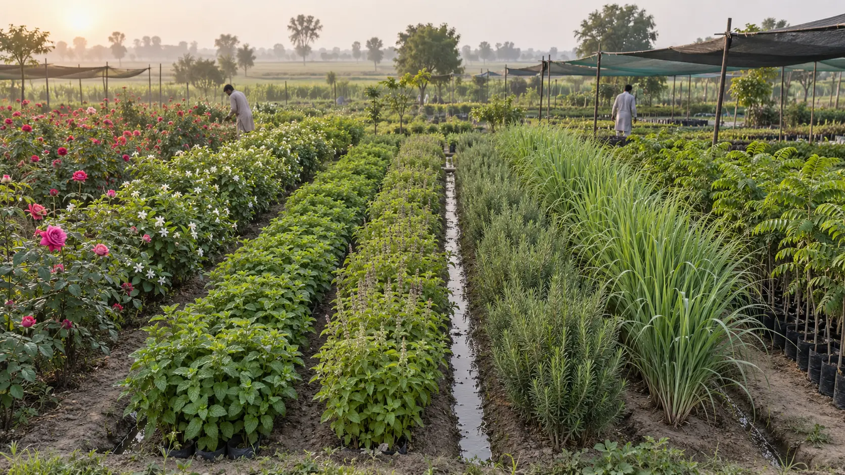 Large Punjab aromatic nursery with rose, jasmine, mint, tulsi, rosemary, lemongrass and curry leaf growing in distinct farm rows
