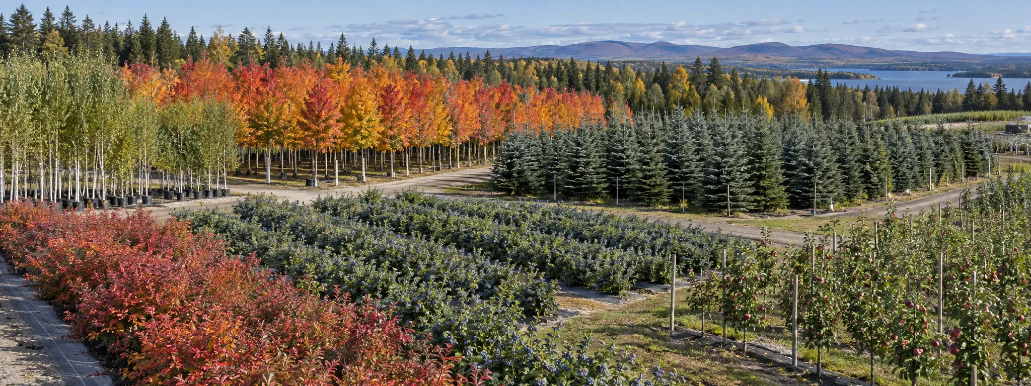 Large Canadian cold-climate nursery with maple, birch, spruce, serviceberry, blueberry and apple blocks
