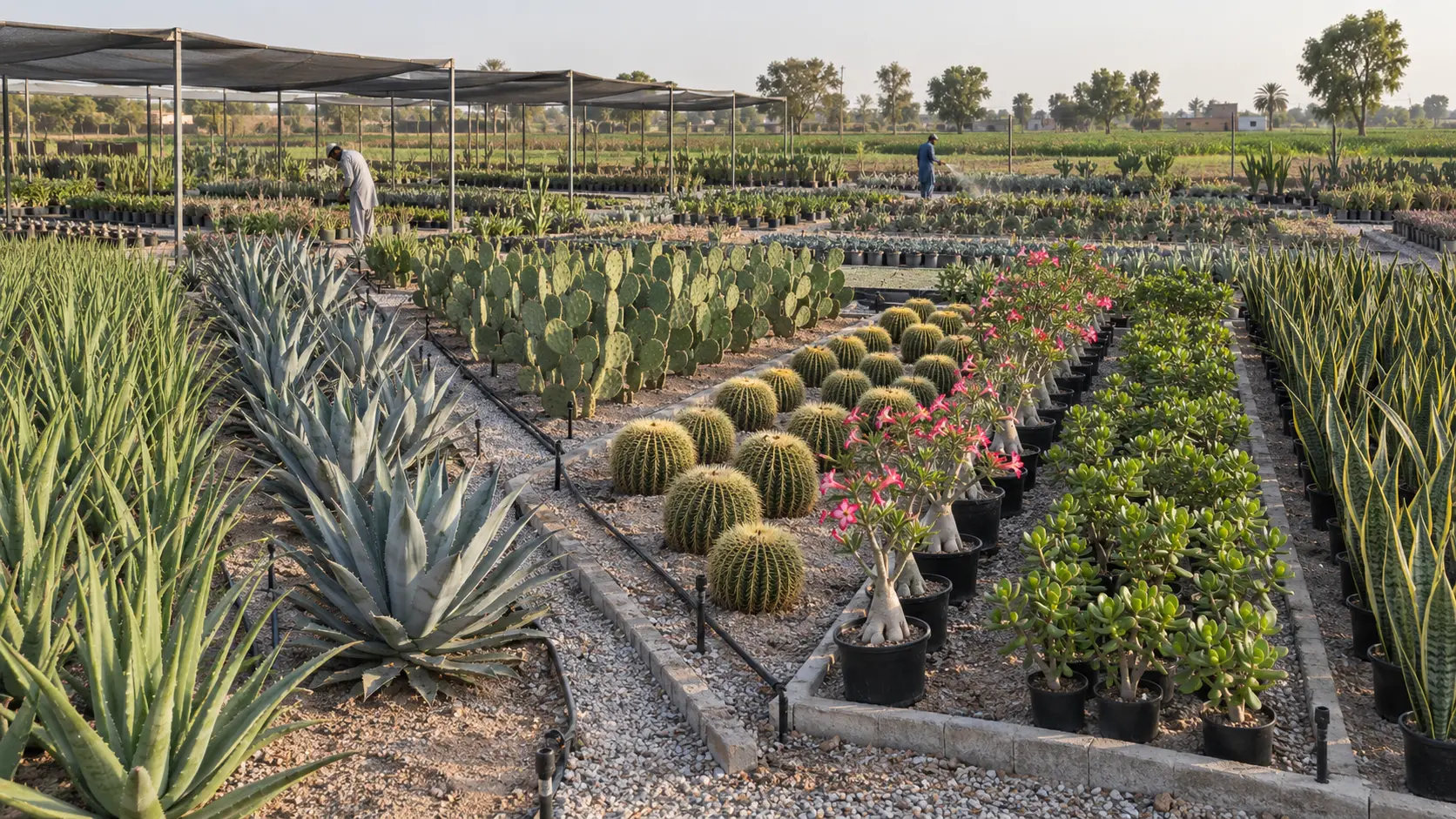 Large Punjab dry nursery with aloe, agave, prickly pear, golden barrel cactus, desert rose, jade and snake plants