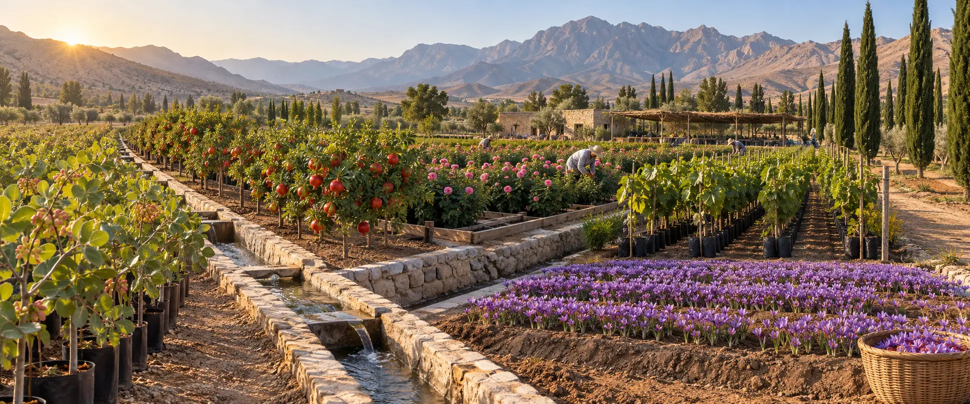 Iranian plateau nursery with pistachio, pomegranate, Damask rose, grape, saffron and cypress beside irrigation channels