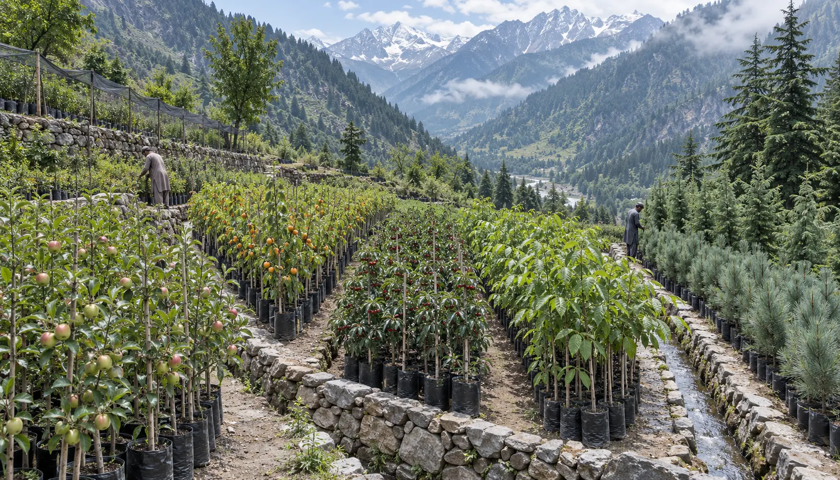 Large northern Pakistan mountain nursery with terraced apple, apricot, cherry, walnut and conifer sapling blocks