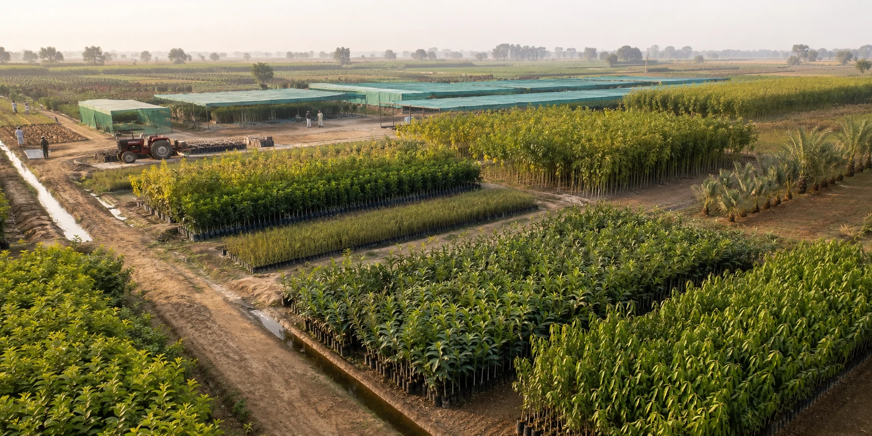 Large working Pattoki nursery farm with shade houses, irrigation, orchard sapling blocks and nursery rows extending to the Punjab horizon