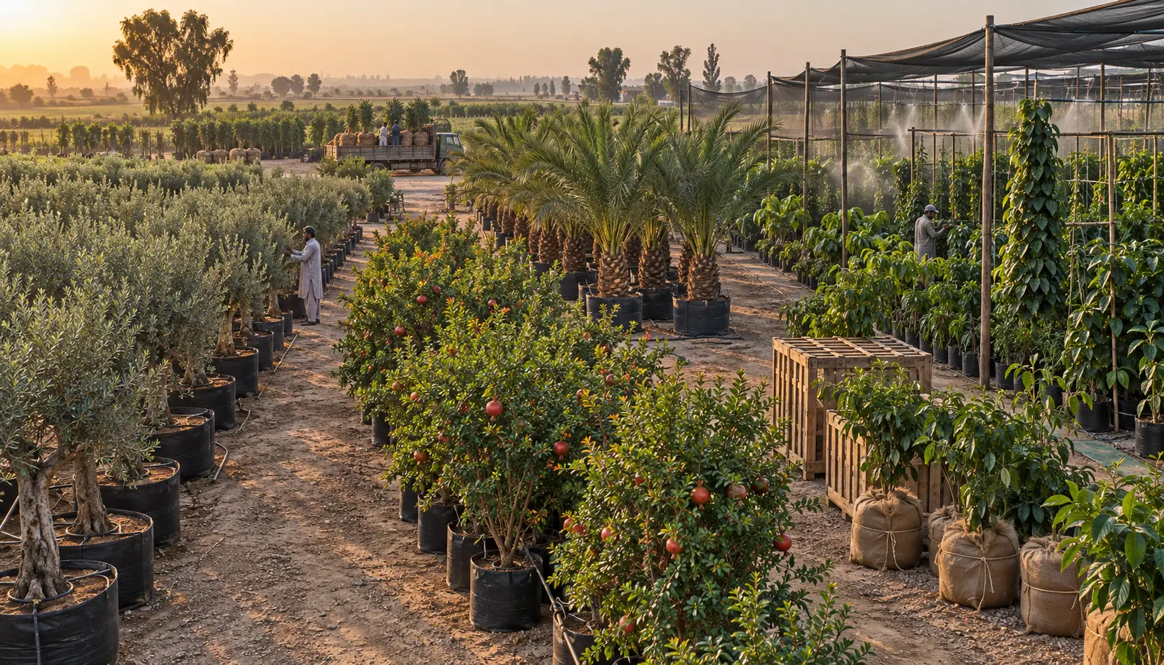 Commercial Punjab acclimatisation yard with olive, pomegranate, date palm, cinnamon and black pepper nursery groups