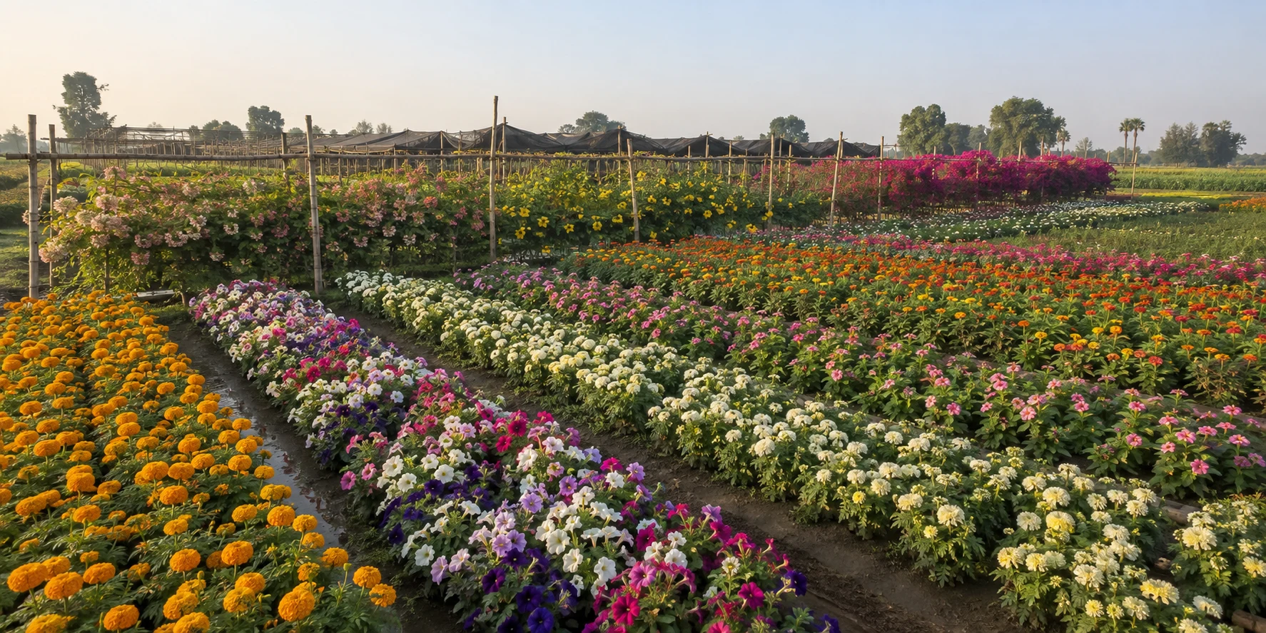 Pattoki nursery acreage with long rows of marigold, petunia, chrysanthemum, vinca and flowering vines on farm trellises