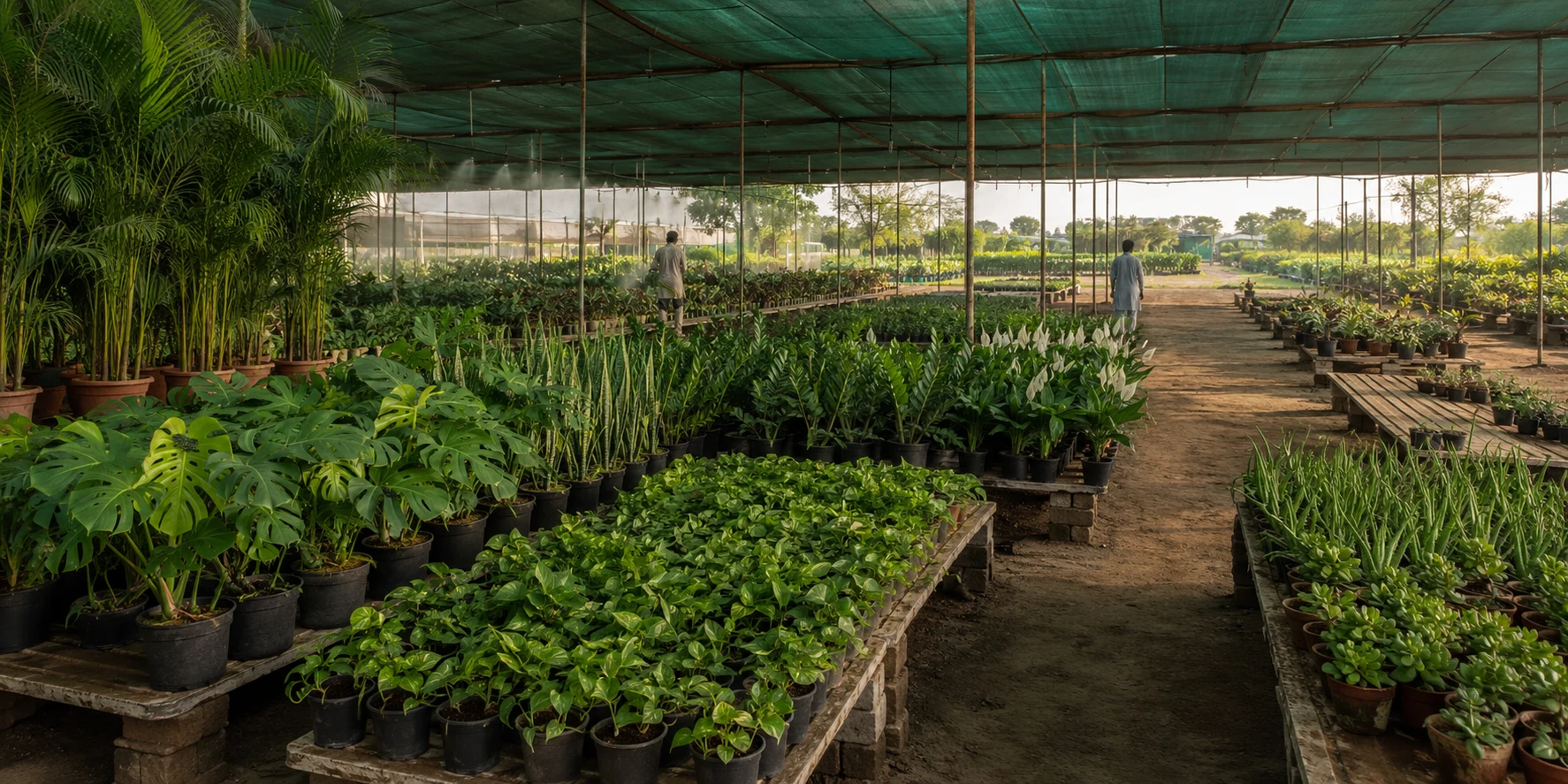 Large Pattoki wholesale shade house with rows of Monstera, snake plants, pothos, peace lilies, areca palms and a dry succulent bench