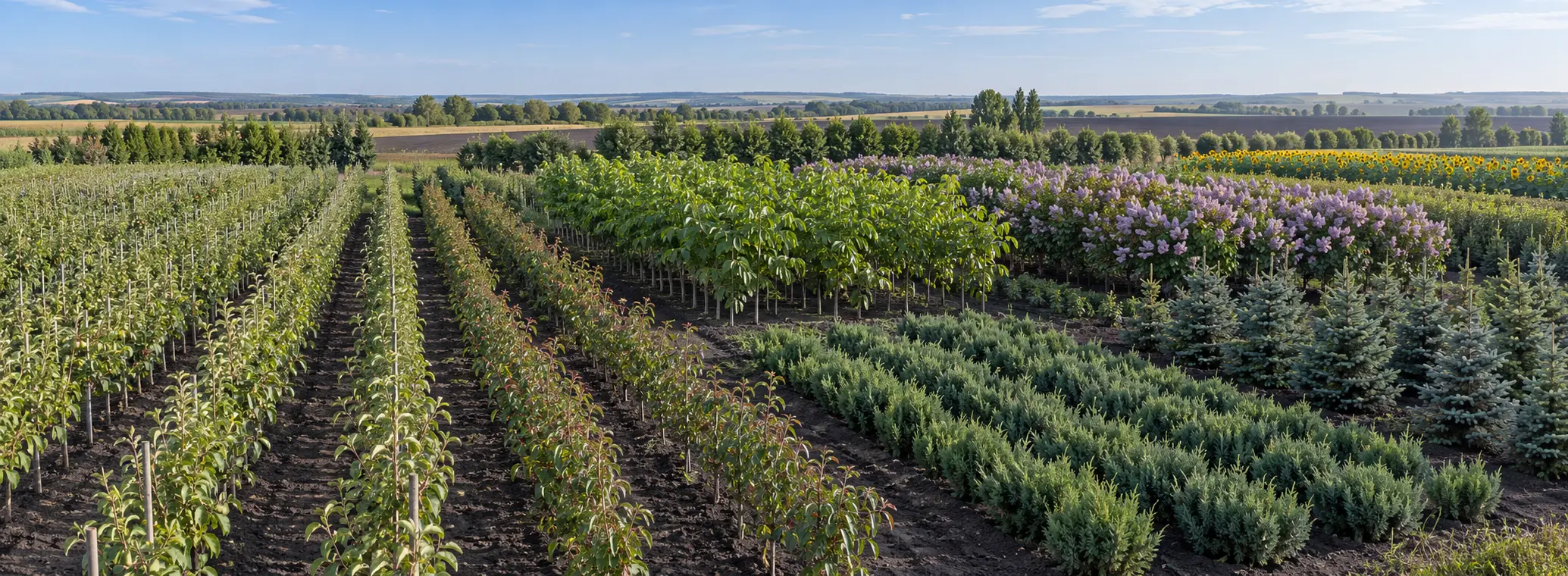 Large Ukrainian black-earth nursery with apple, cherry, walnut, lilac, conifers and sunflower seed rows