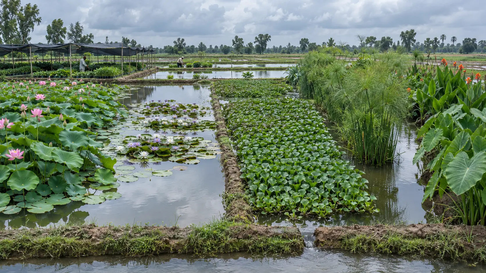 Commercial Punjab water nursery with lotus, water lilies, water chestnut, papyrus, umbrella sedge, canna and colocasia